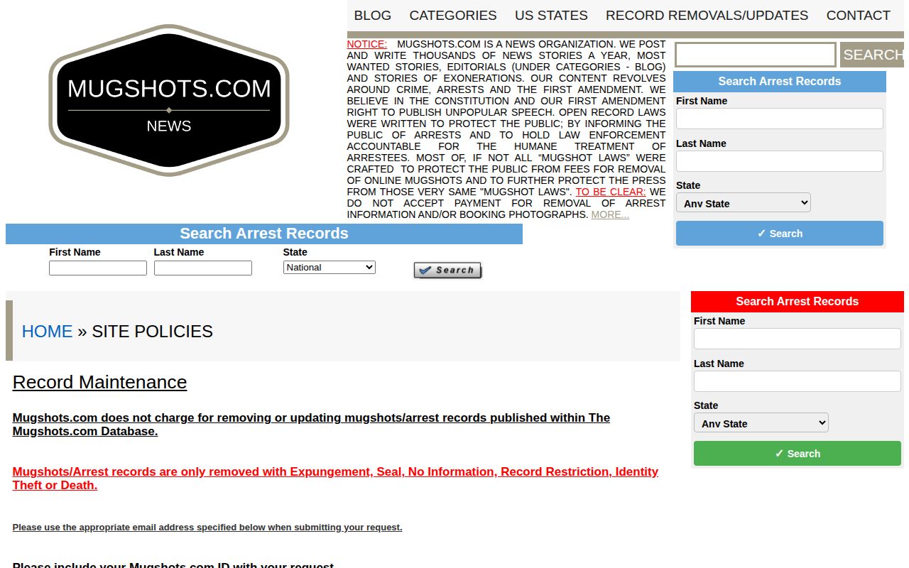 Mugshots.com record maintenance policy for an unofficial Hancock archive