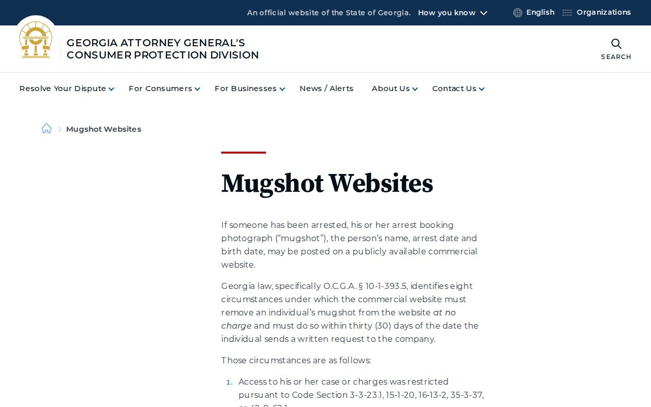 Georgia mugshot website law and free removal guidance for booking photographs