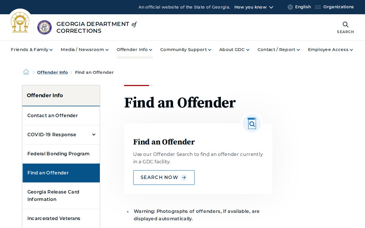 Georgia Department of Corrections offender photo search for sentenced records